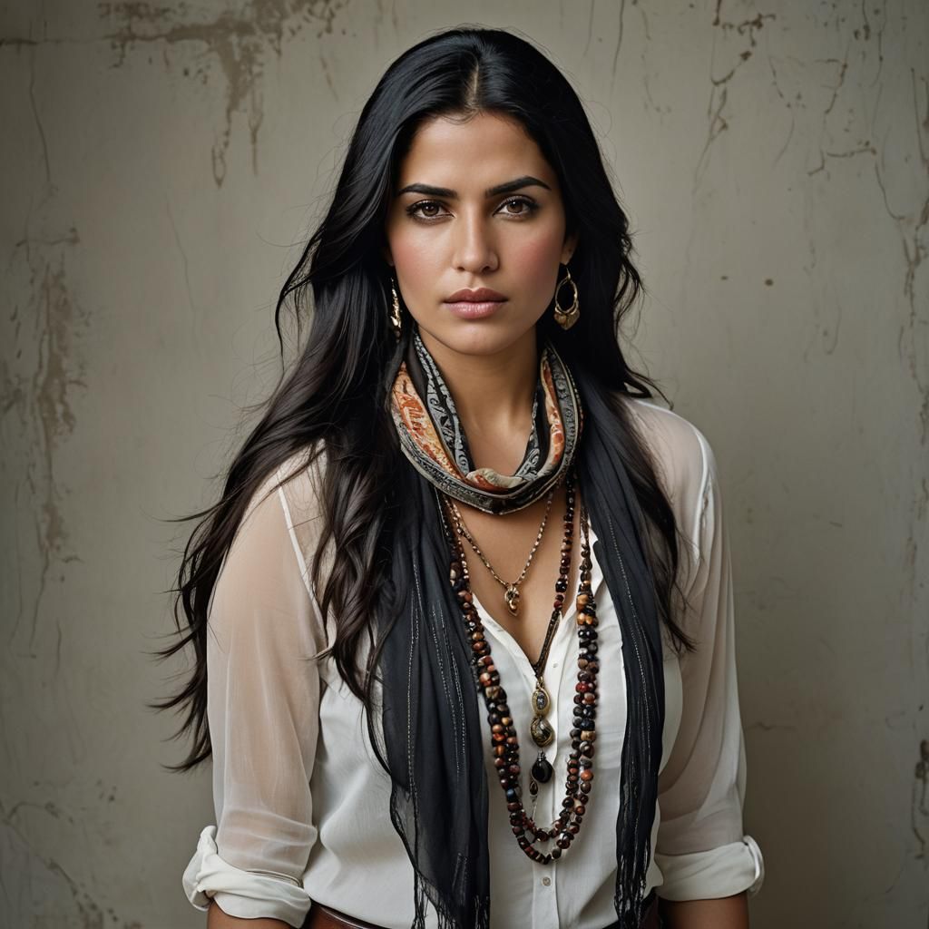 Striking Portrait of a Woman with Flowing Black Hair