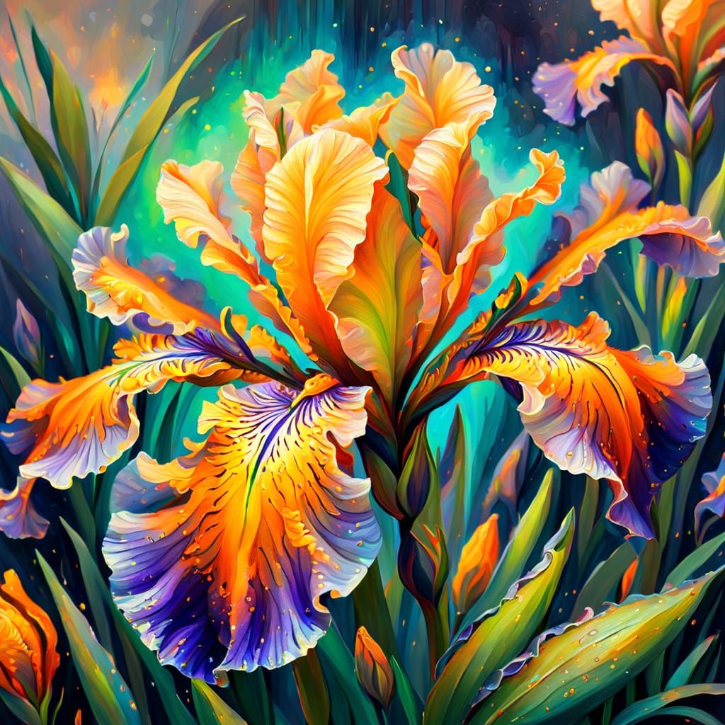 Neon Iris Flower in Whimsical Fantasy Oil Painting