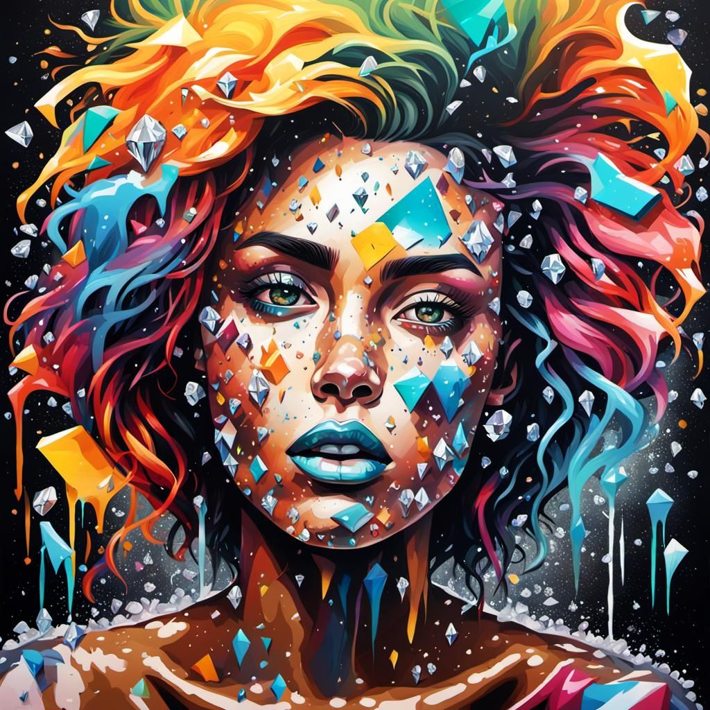 Diamond Woman with Falling Diamond Hair in Graffiti Art