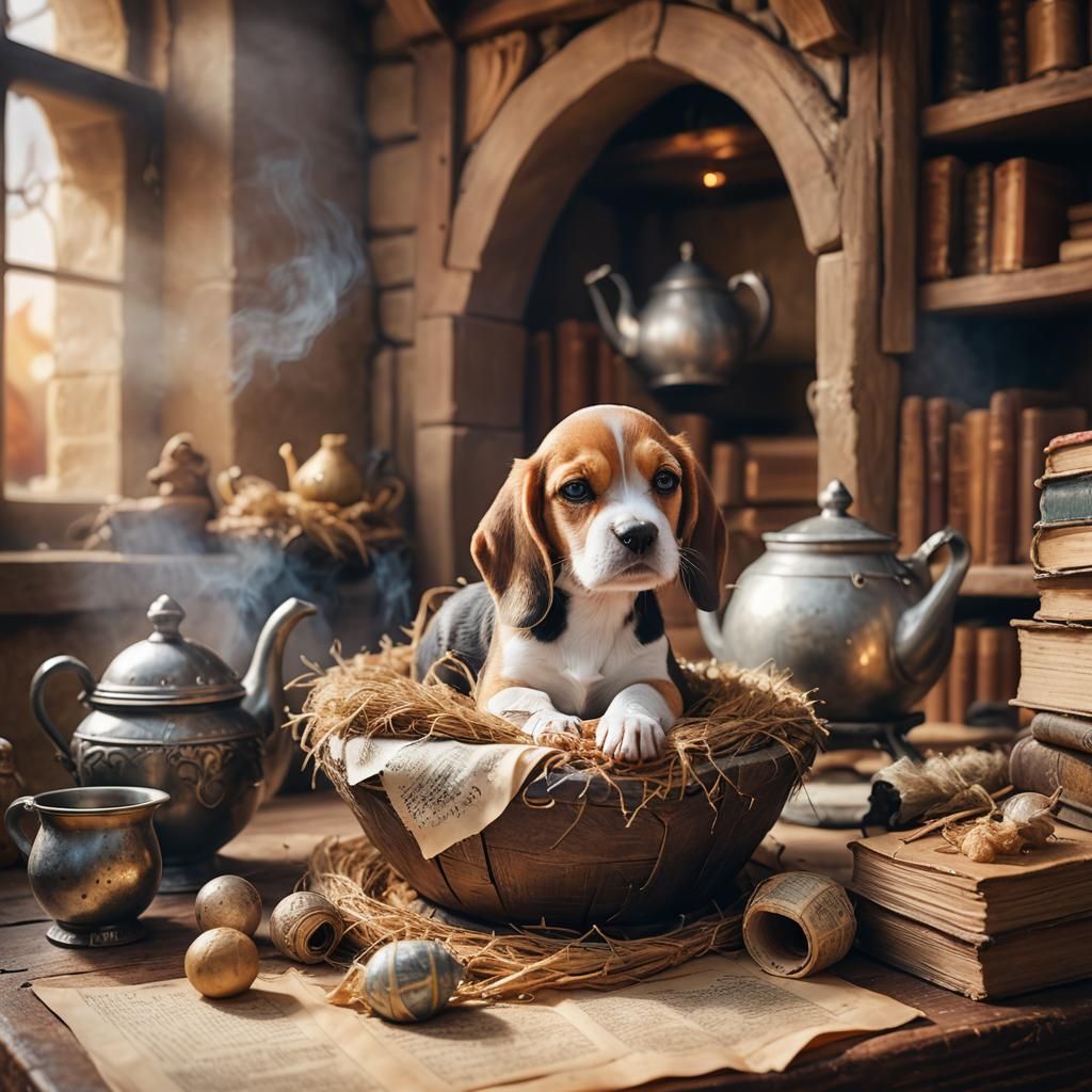 Beagle Puppy Asleep in Wizard's Study, 3D Render