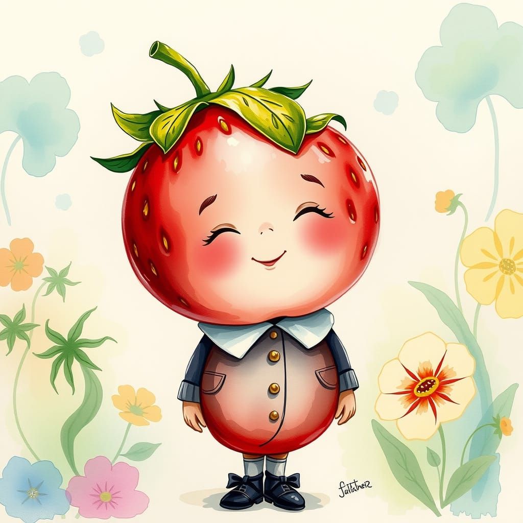 Whimsical Strawberry Schoolgirl in Watercolor English Garden