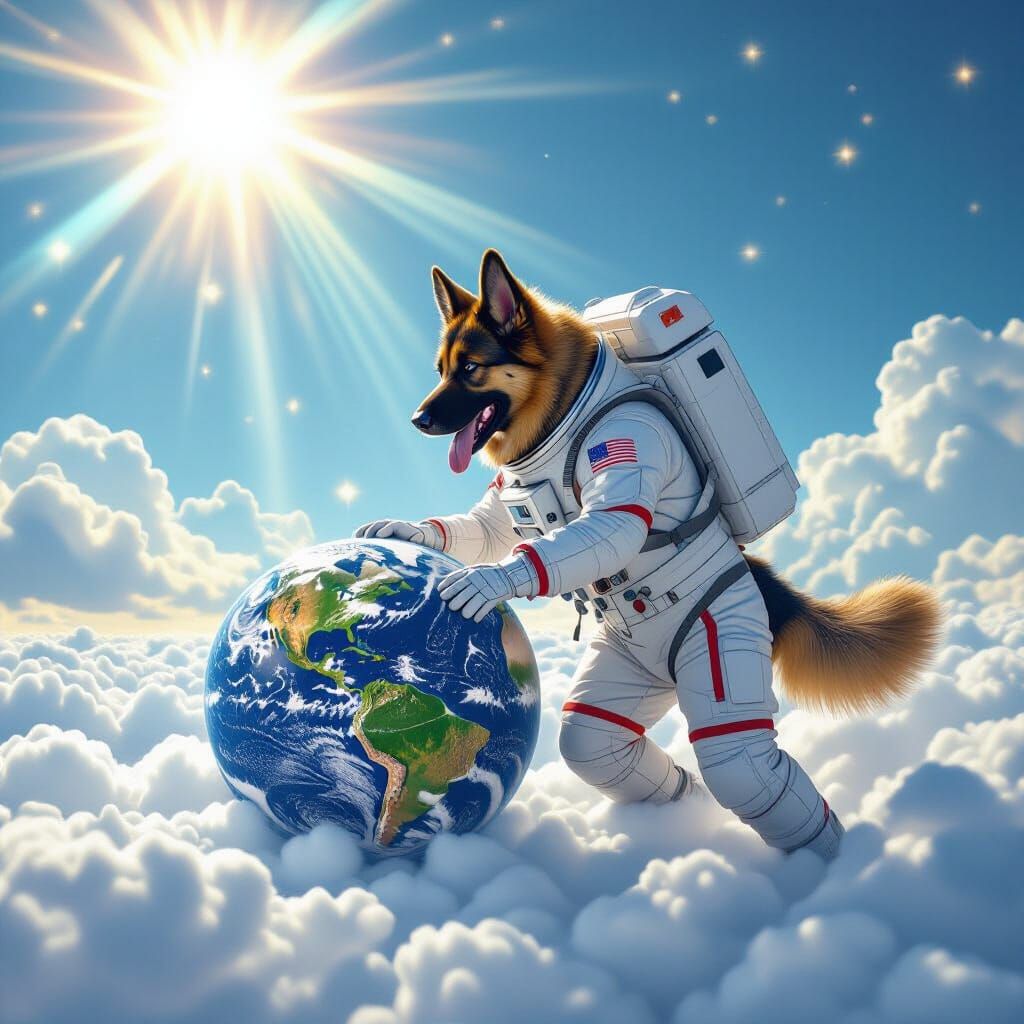 German Shepherd in Spacesuit Plays with Earth