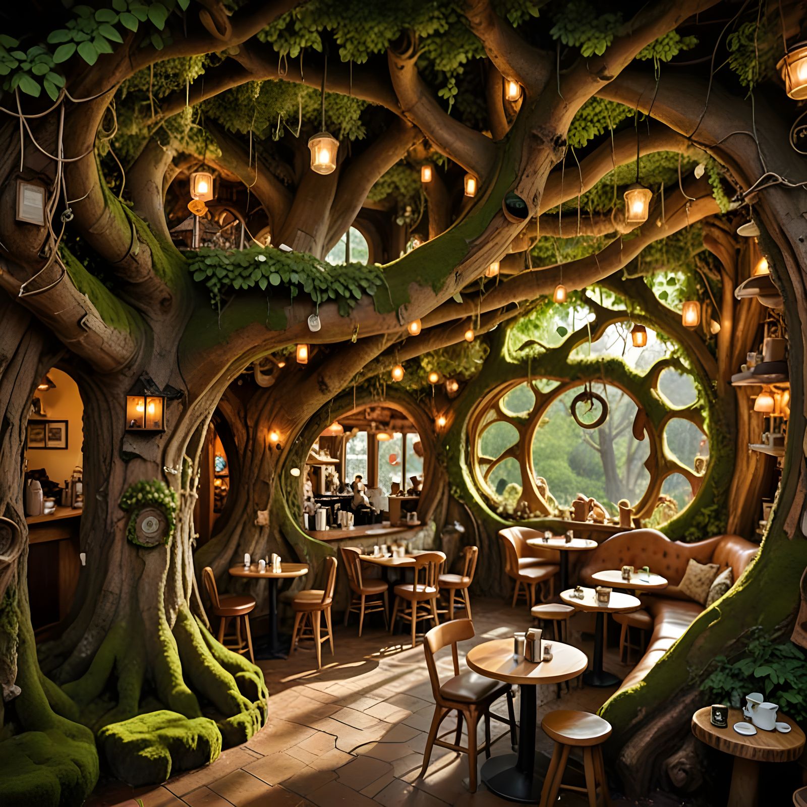 Enchanted Tree Trunk Coffee Shop with Fairy Baristas