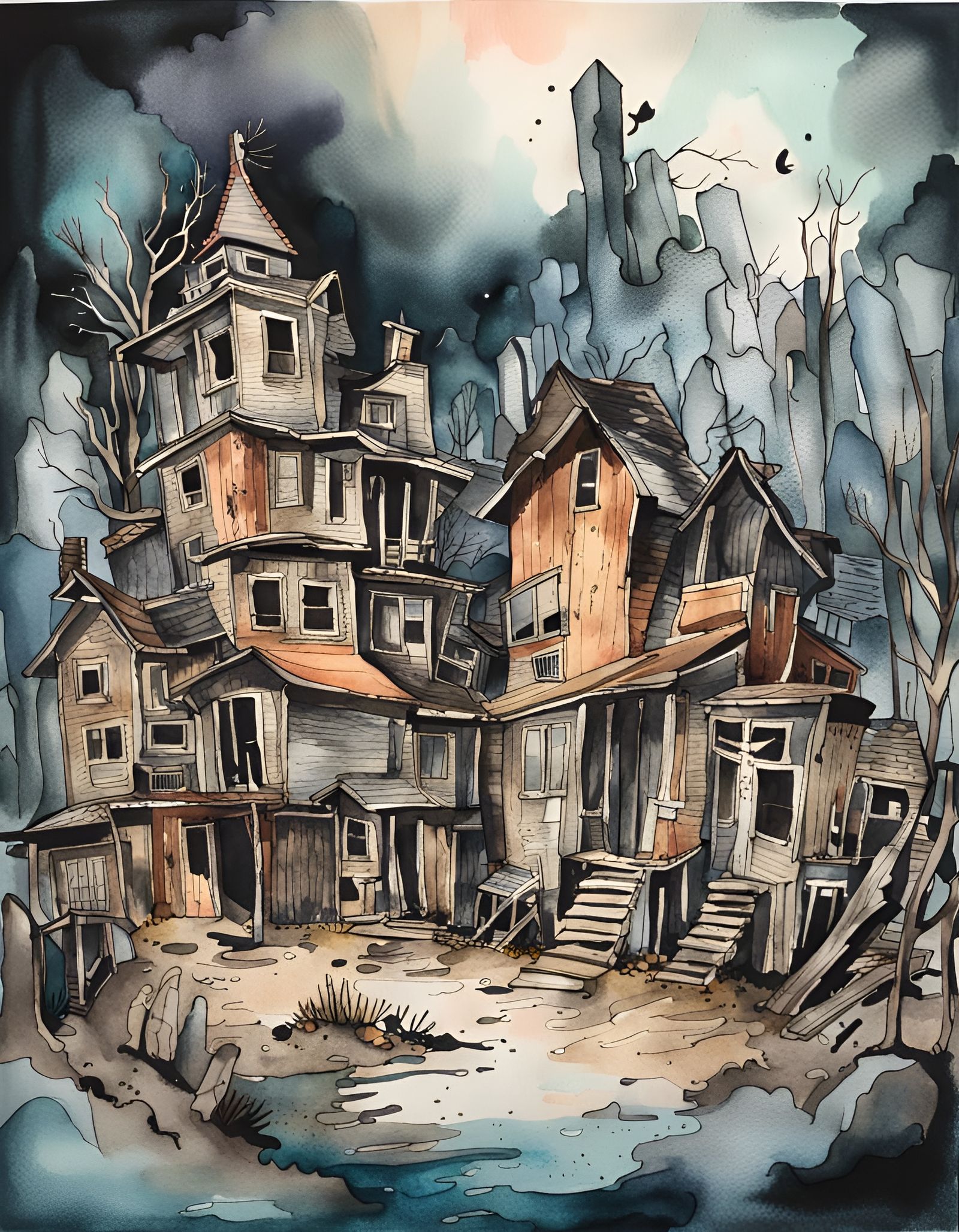 Spooky Ghost Town in Watercolor and Ink