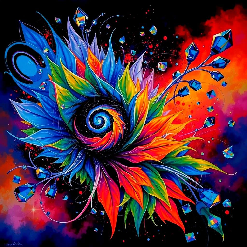 Vibrant Abstract Botanical Forms with Crystalline Leaves