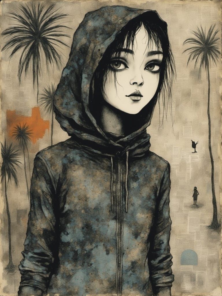 Tropical Paradise in Film Noir Style, Hand-Drawn with Crayon...