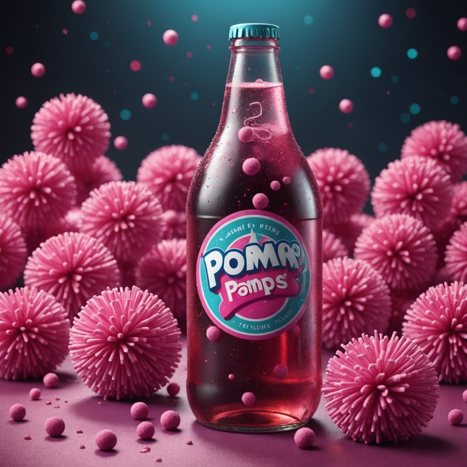 Pink Soda Bottle with Pom Poms: Detailed Matte Painting