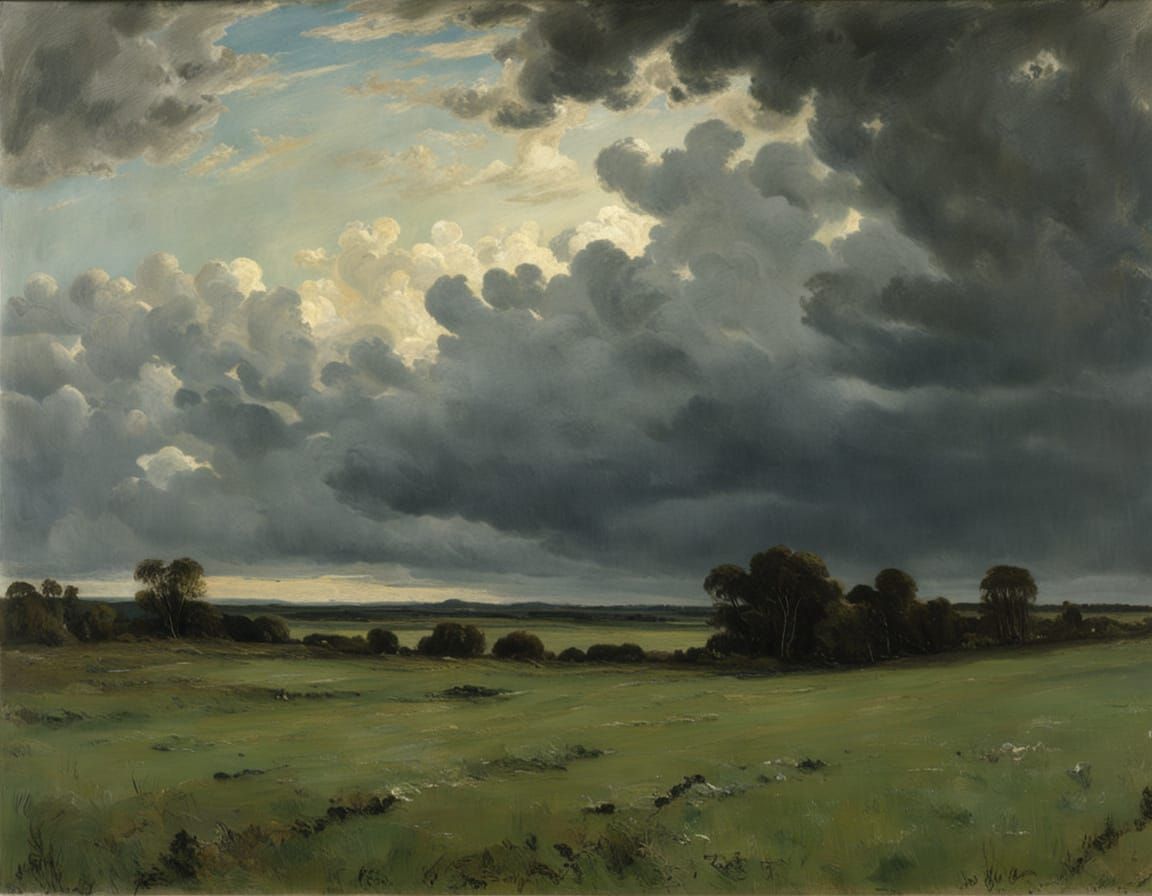 Stormy Twilight Over Meadow in 19th Century Realism