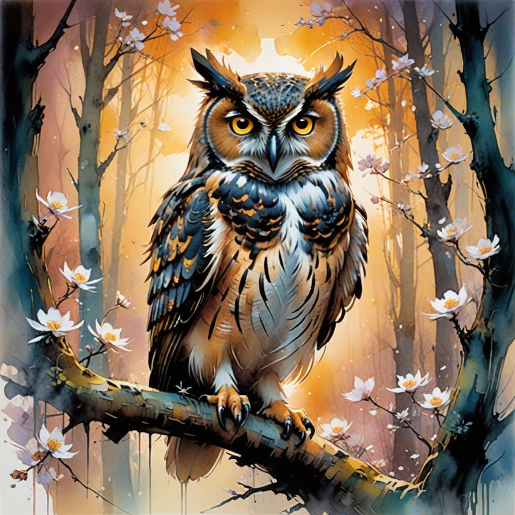 Whimsical Watercolour Dreamscape with Owl Amidst Vibrant Spr...