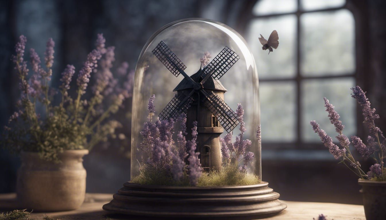 Gothic Windmill Still Life in Glass Dome