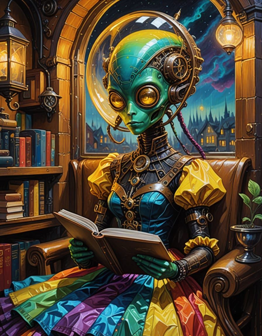 Steampunk Alien Reading in Cozy Nook