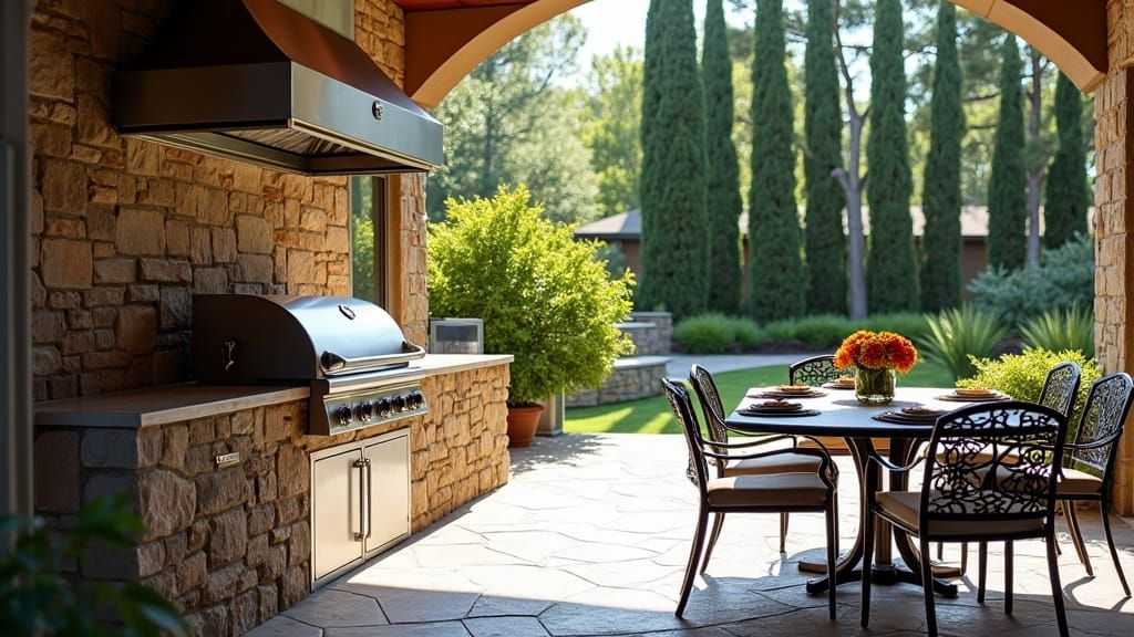 Outdoor Patio with Modern Grill and Lush Garden