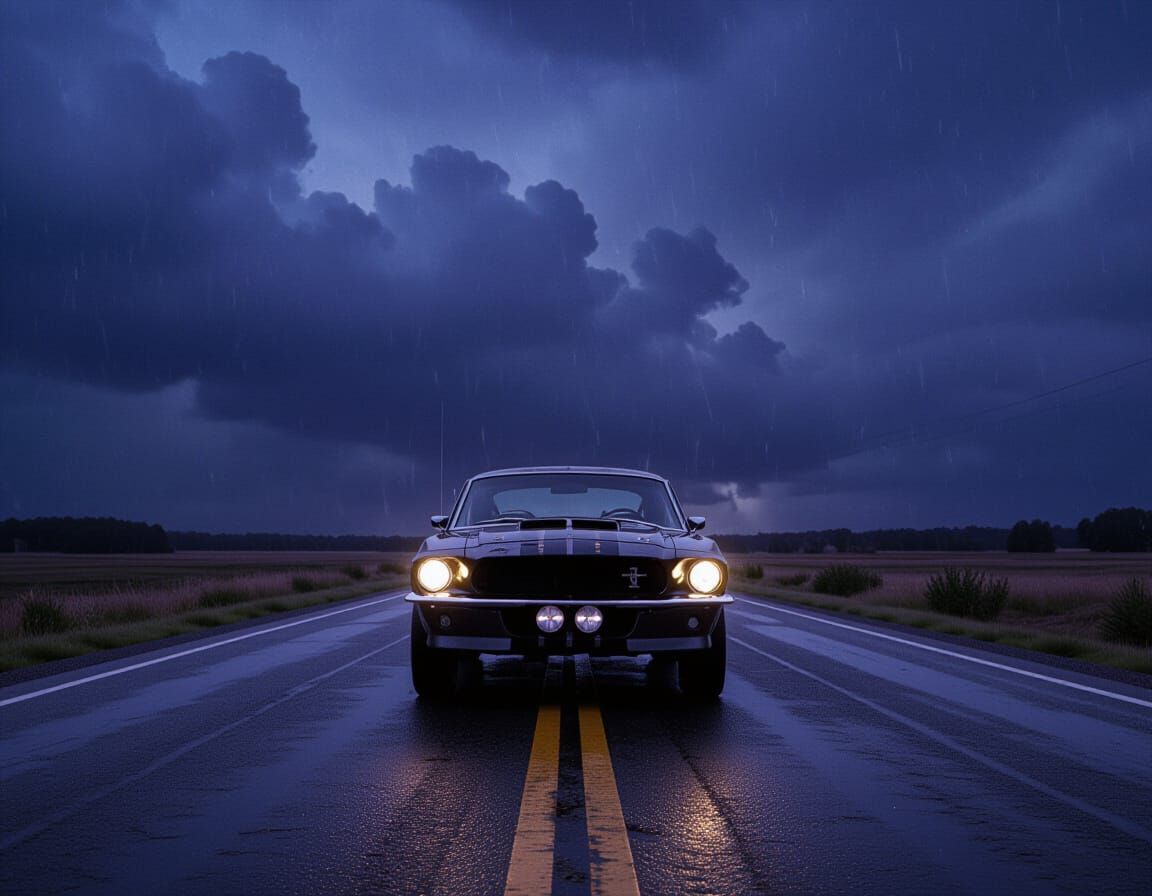 Stormy Road With 1967 Shelby GT500 Cinematic Still