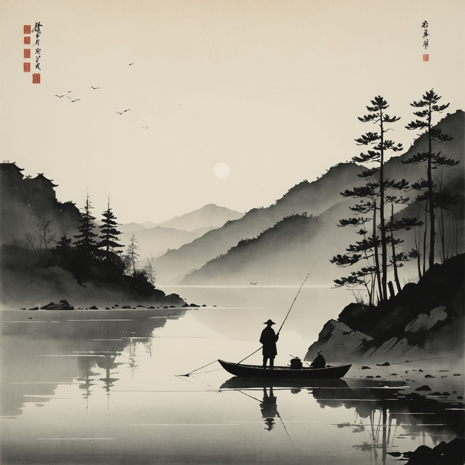 Serene Night Fishing Scene in Chinese Ink Wash Style