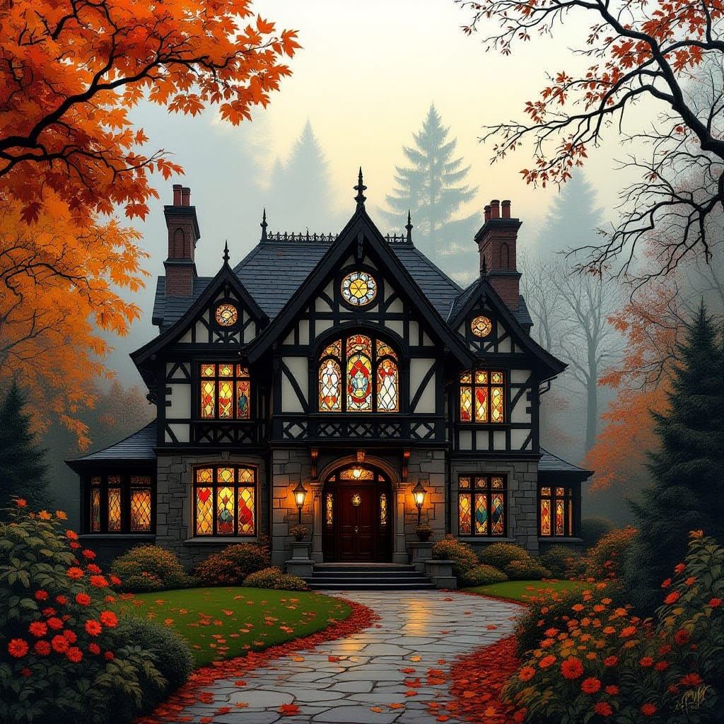 English Manor with Stained Glass in Autumn, Oil and Watercol...