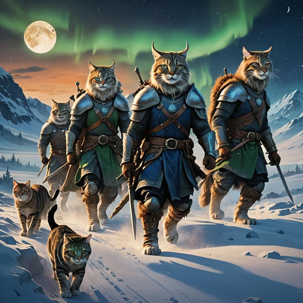 Armored Viking Cats Under Aurora Borealis