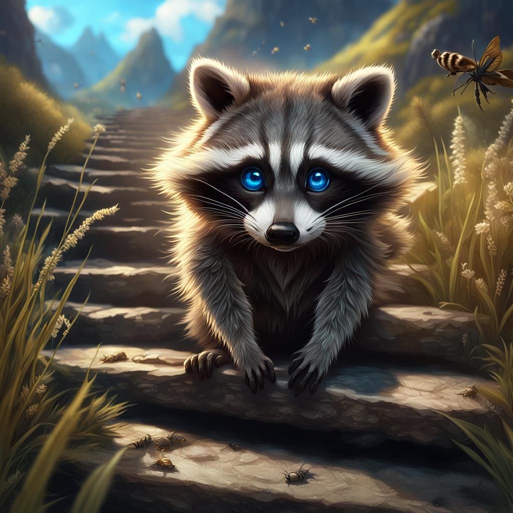 Happy Raccoon Climbing Mountain Stairs: Fantasy Concept Art