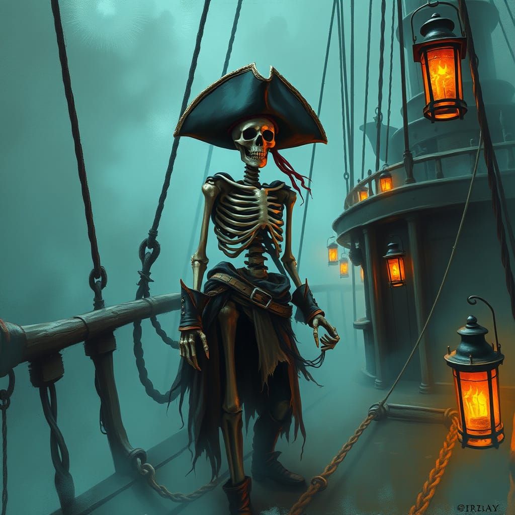 Gothic Pirate Skeleton on Weathered Pirate Boat