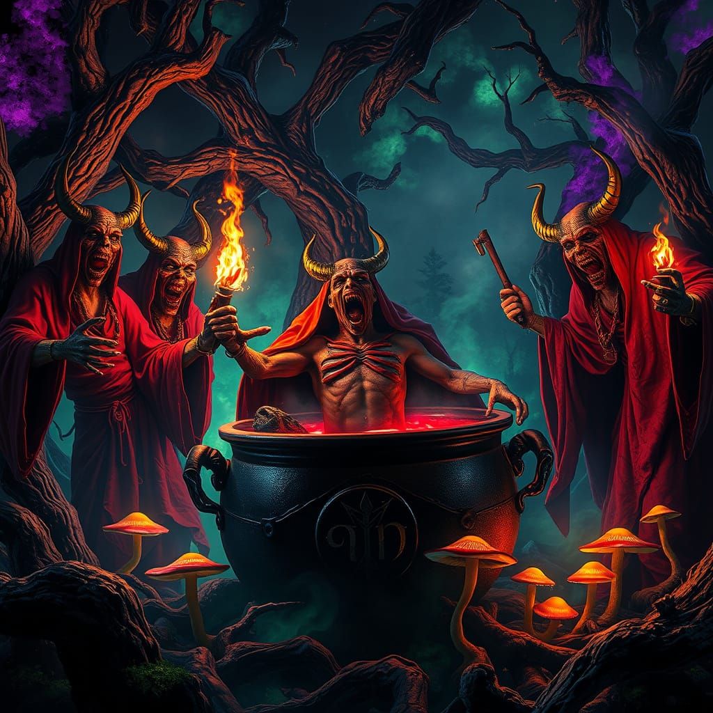 Twisted Demons in a Hellish Cauldron Scene