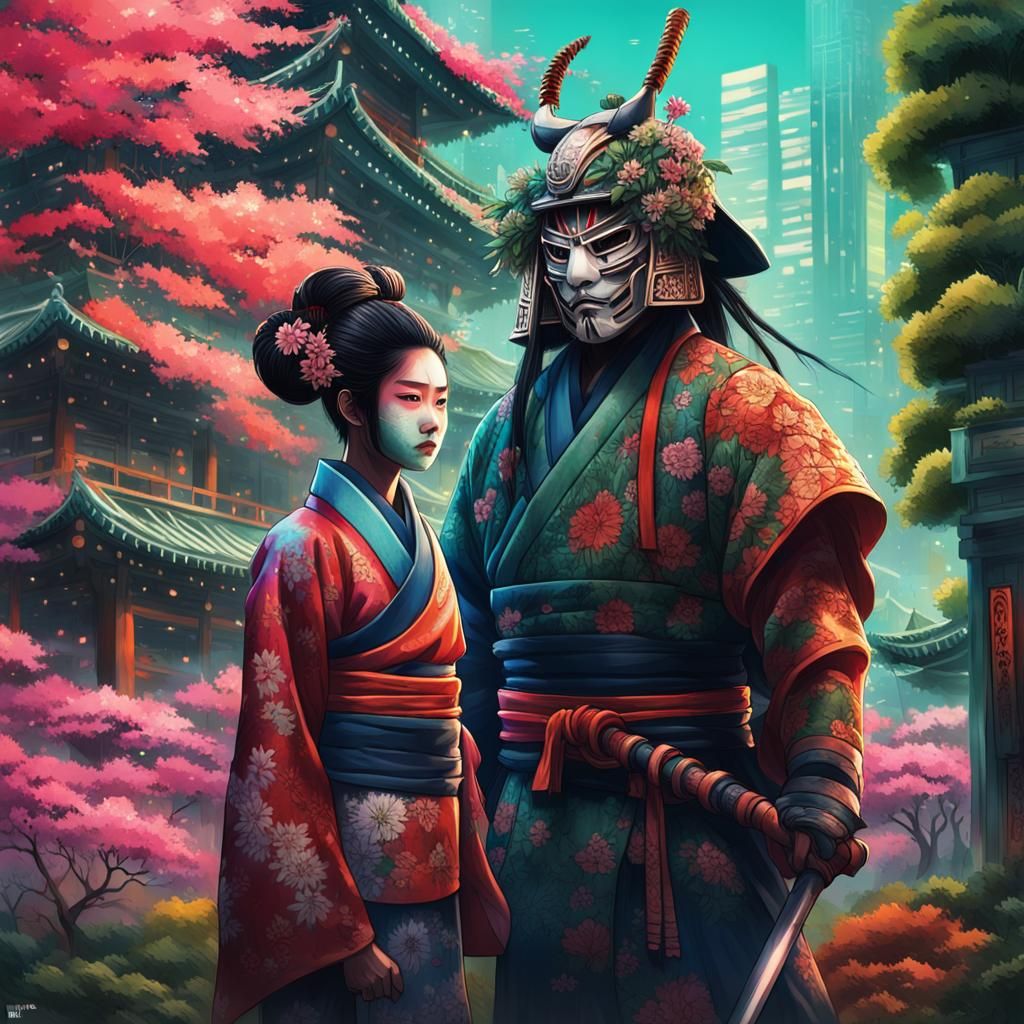 Post-Apocalyptic Samurai and Geisha in Neon City