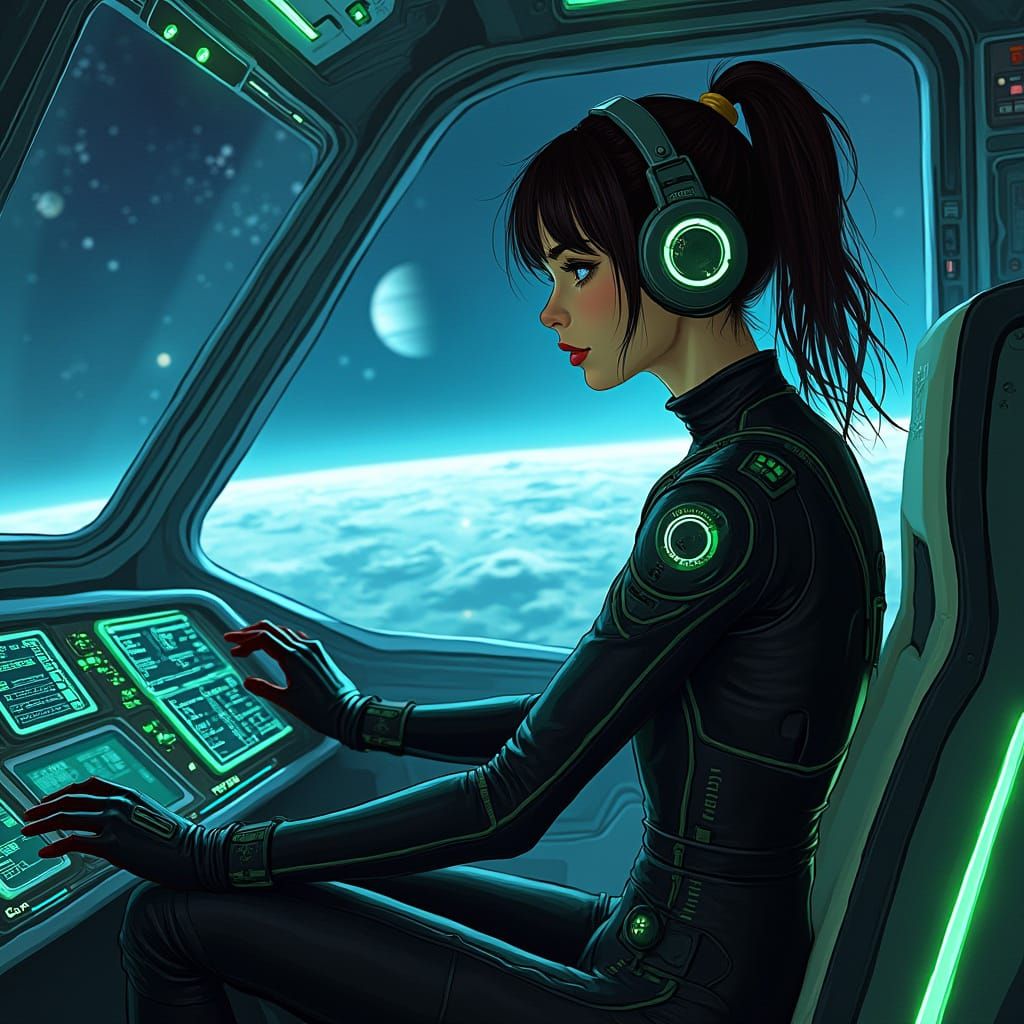 Sleek Space Pilot Girl in a Cyberpunk Futuristic Cockpit