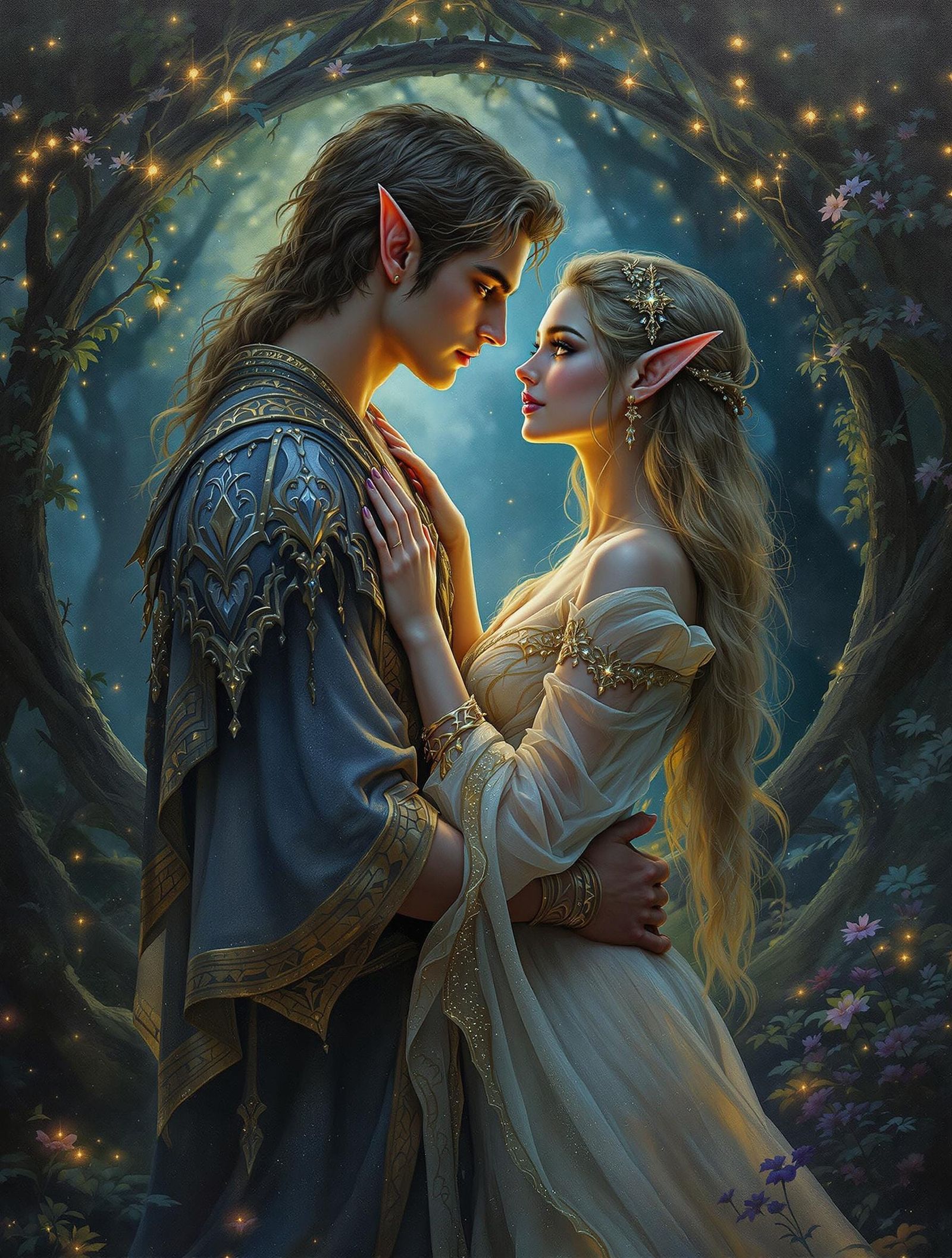 Elven Couple's Embrace in Magical Grove