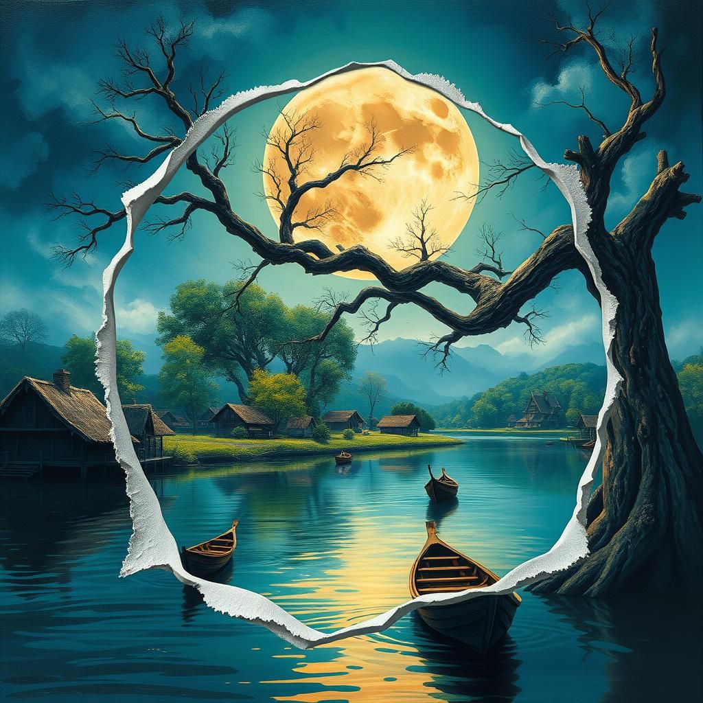 Blood Moon Over Lake Village in Neo-Impressionism Style