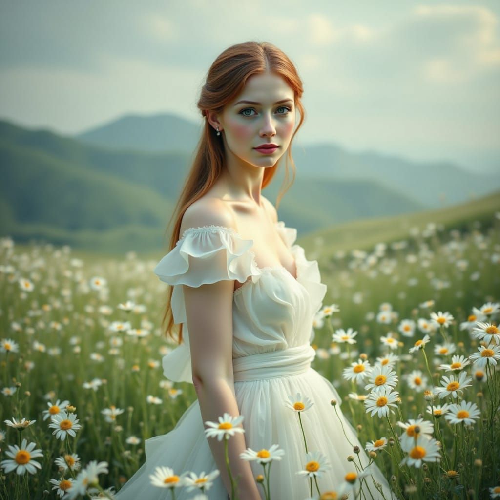 Woman in White Dress in Dreamy Art Nouveau Style