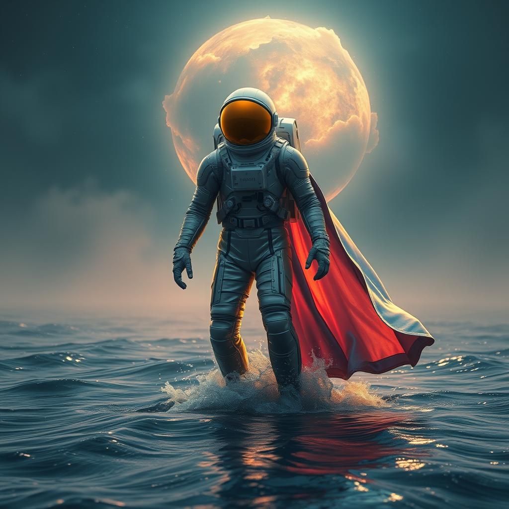 Astronaut Walking on Water in Dreamlike Landscape