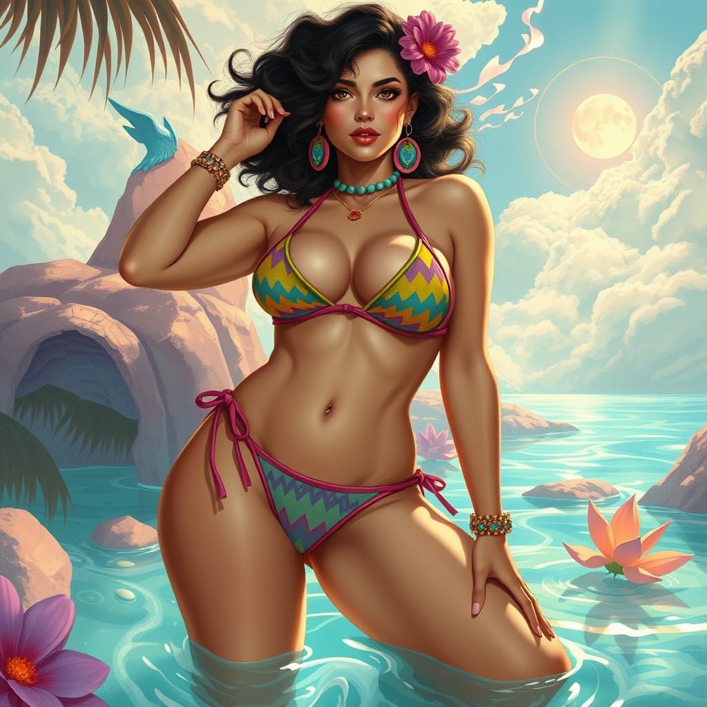 Curvy Woman in Bikini, Dreamlike Art Nouveau Style