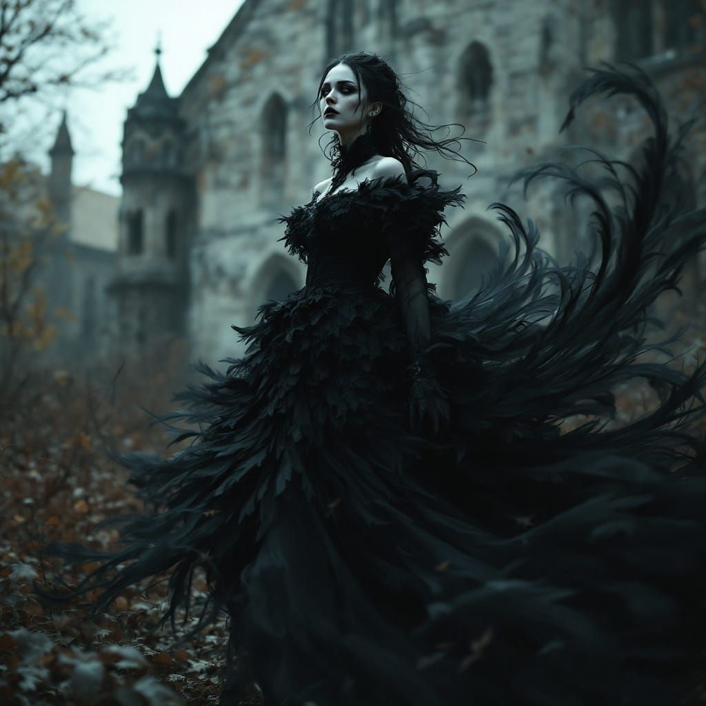 Victorian Woman Transforms into Dark Feathers in Abandoned C...