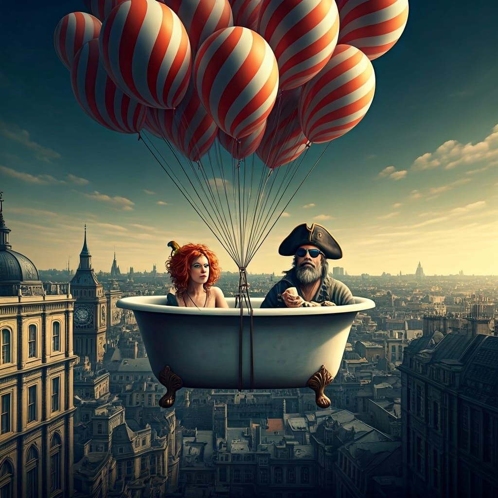 Candy Balloons Carry Pirates Over London: Watercolor