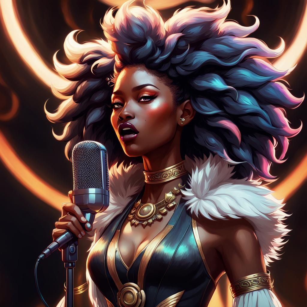 Black Teenage Kitsune Singing Portrait in Art Nouveau Style