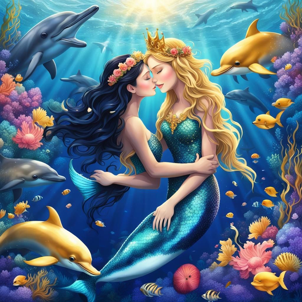 Enchanting Mermaid Playing with Dolphins in Deep Ocean