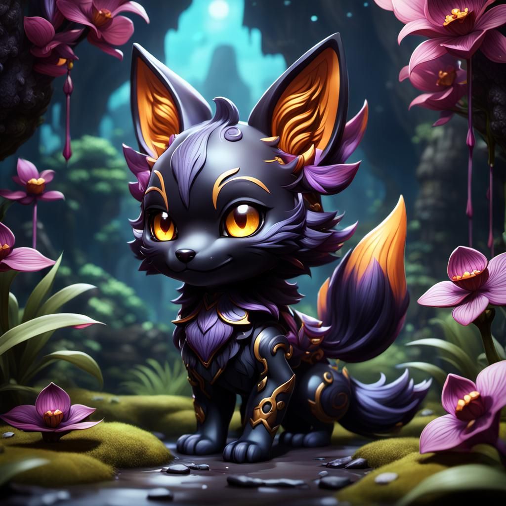 Chibi Black Orchid Kitsune in Detailed Matte Style