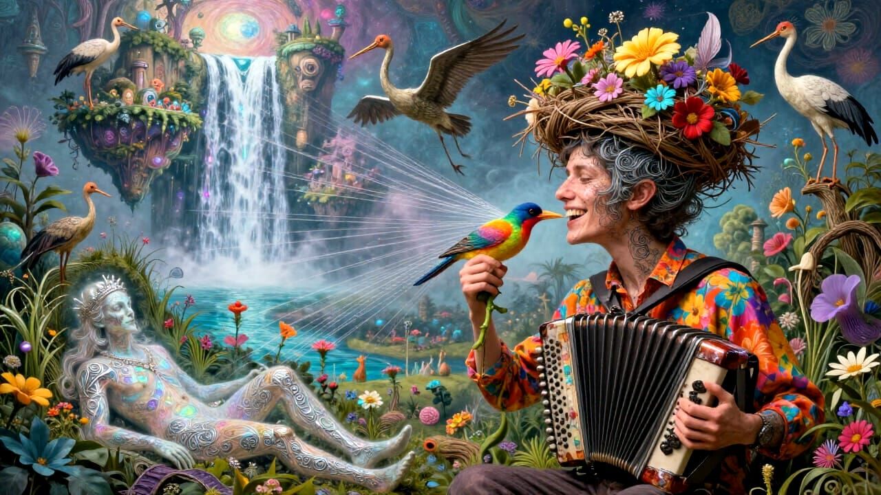 Surreal Eco-Art Utopia With Floating City and Accordionist