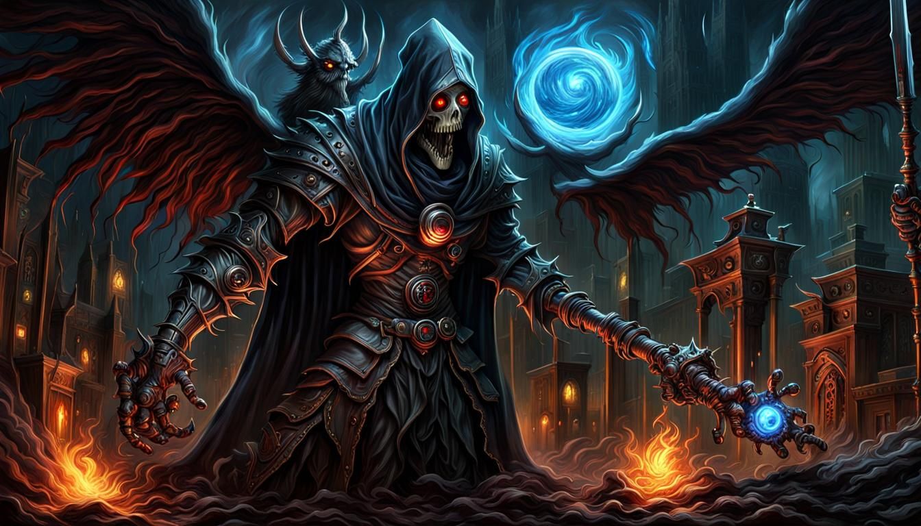 Evil God Versus Steampunk Grim Reaper Robot