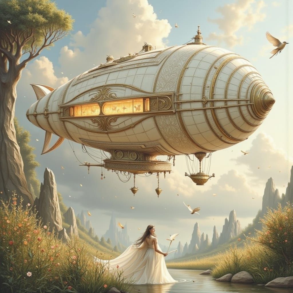 Enchanted Airship Amidst Dreamy Landscapes