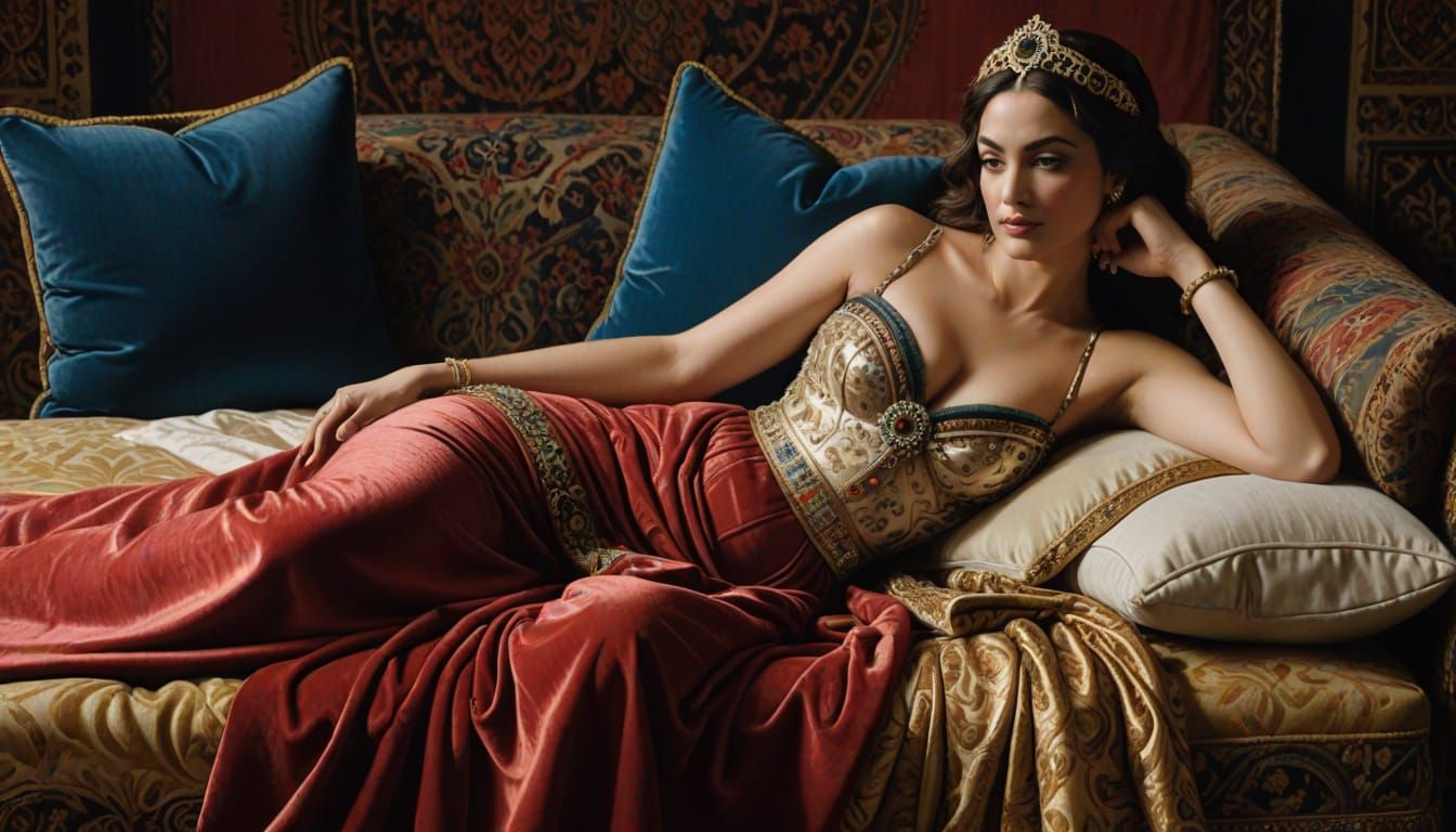Sensual Odalisque Reclines on Plush Divan
