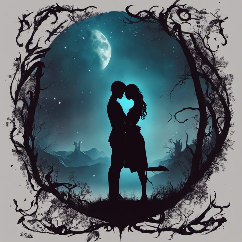 Paint a tender moment between two lovers beneath the moonlight, their silhouettes intertwined as they share a heartfelt ...