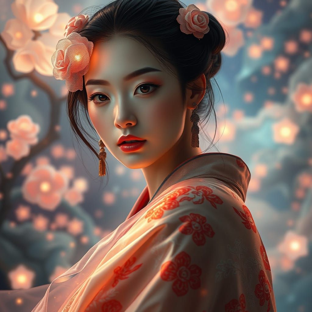 Ethereal Silk Road Beauty in a Futuristic Aura