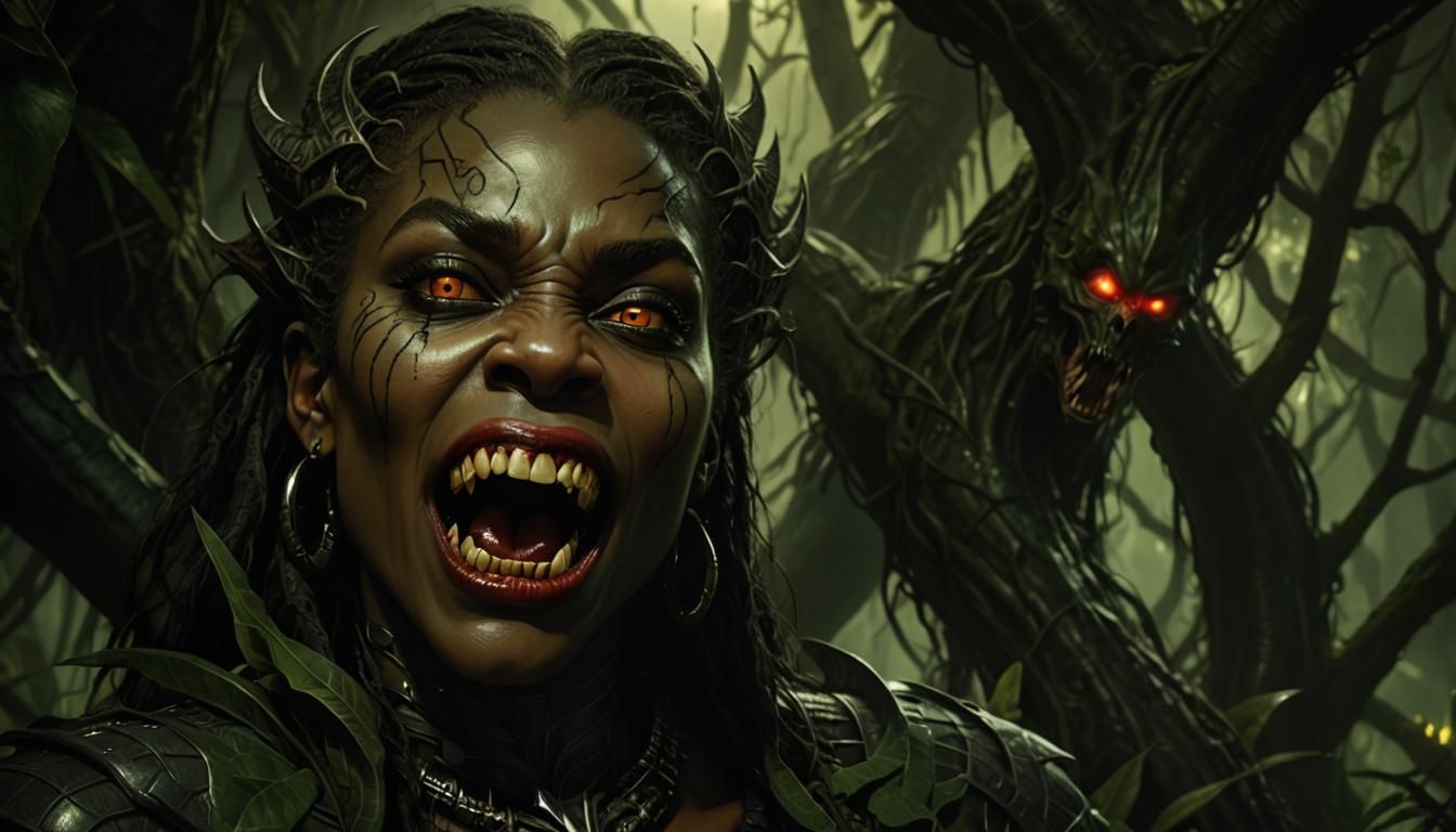 African Vampire Woman Hissing in Dark Jungle