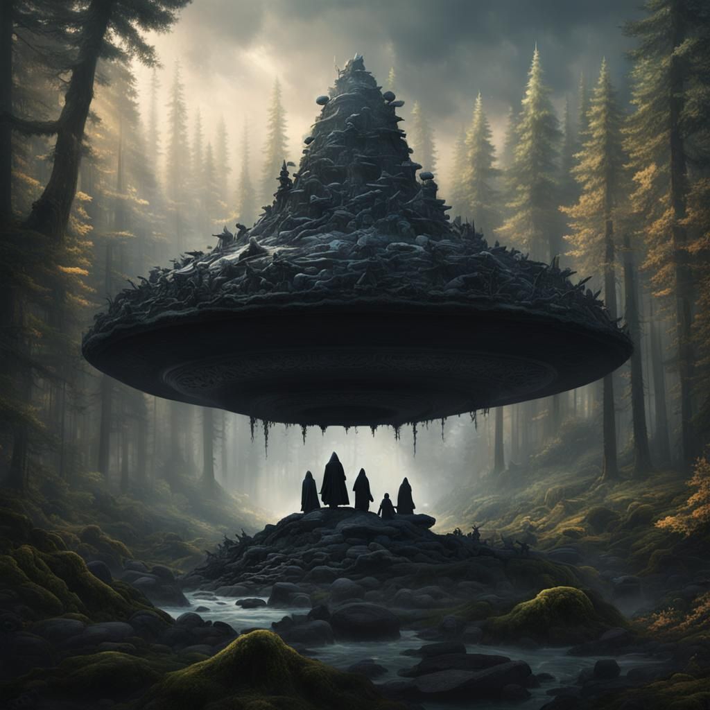 Hooded Figures on Stones Through Forest: Digital Painting