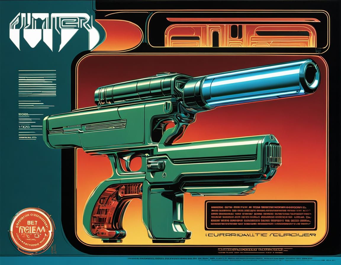 Vibrant Retro Futuristic Toy Gun in Neon Cityscape