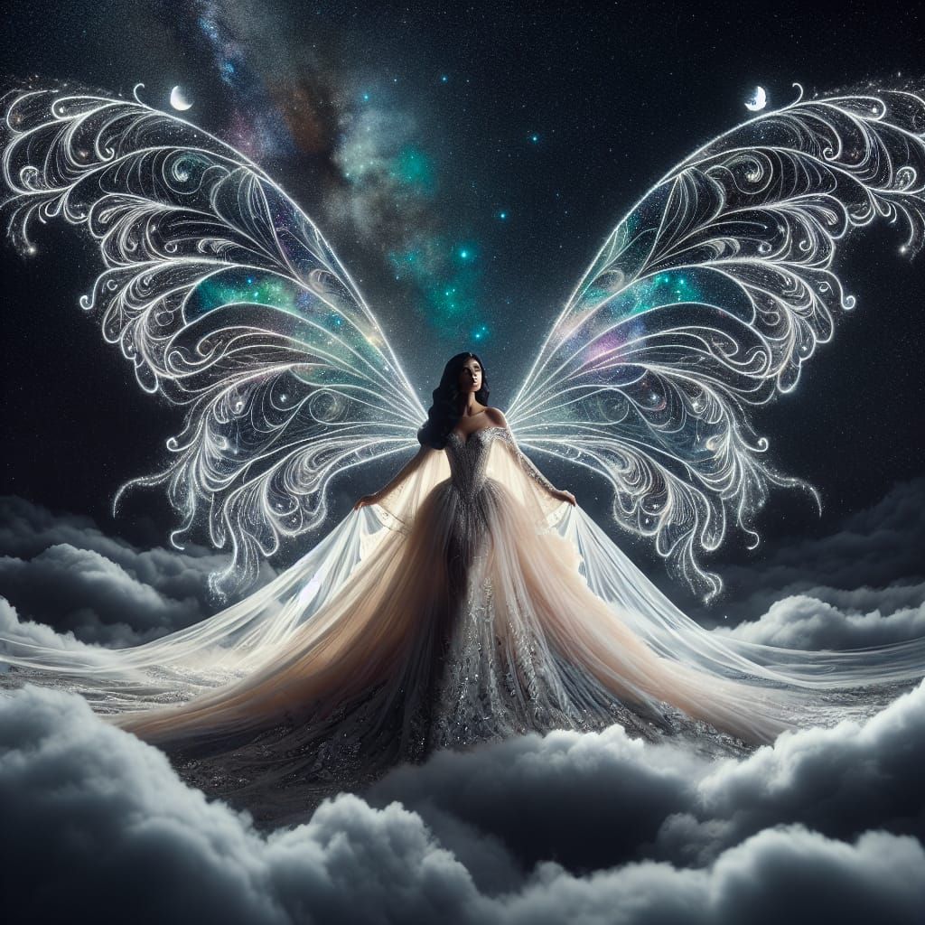 Ethereal Woman with Butterfly Wings in Starry Night