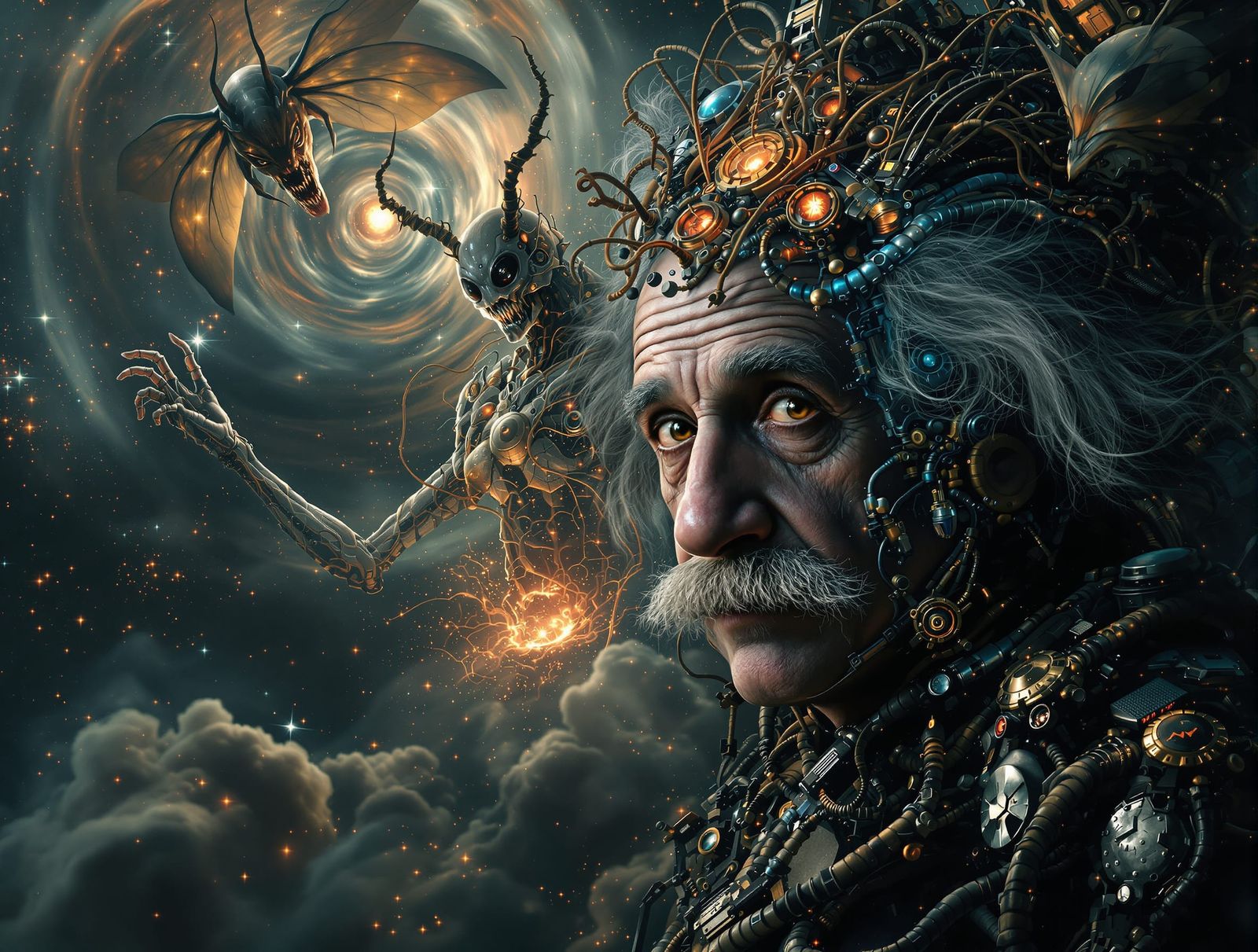 Albert Einstein Cyborg Merging with Cryptid in Cosmic Nebula