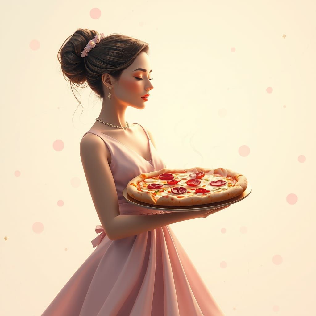 Woman Serves Giant Pizza in Surreal Pastel Setting