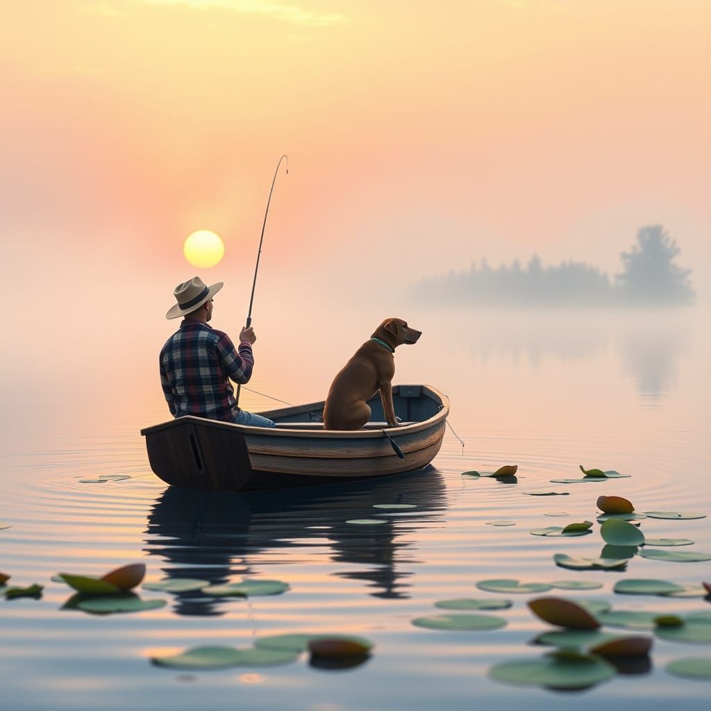 Peaceful Morning Fishing Scene with Dog in Watercolor Style