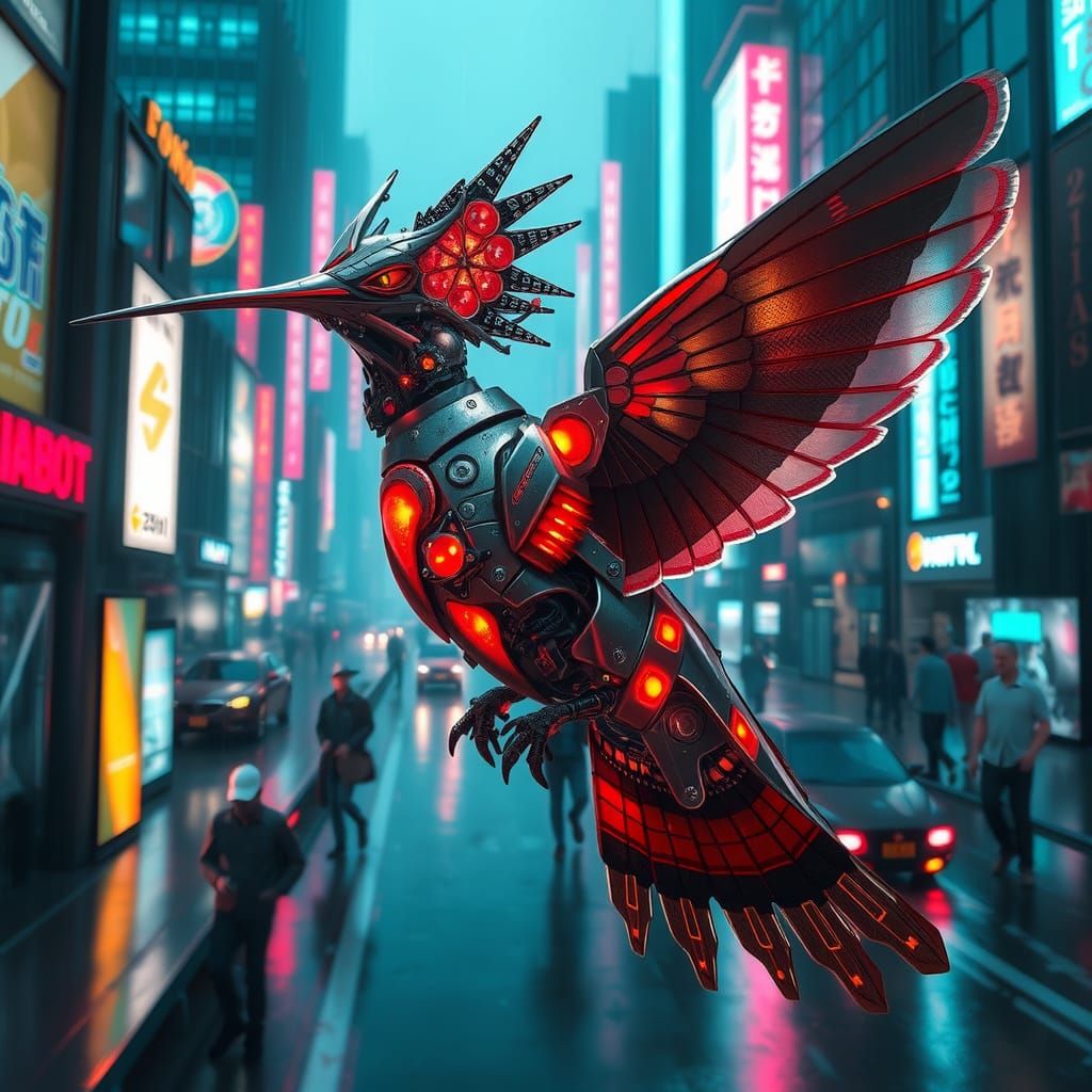 Cyberpunk Hummingbird Cyborg in Dystopian Cityscape