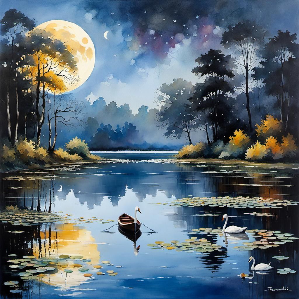 Moonlit Lake with Swans: Intricate Splash Art